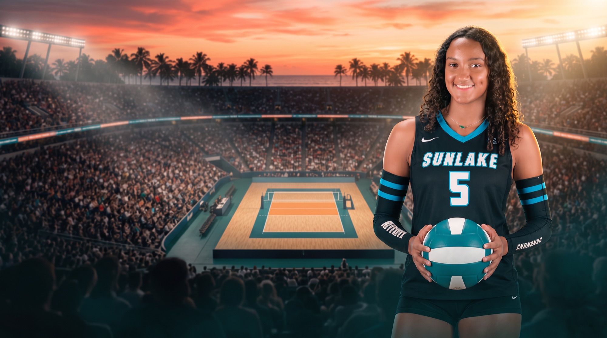 Cinematic composite of Lia holding a volleyball above a coastal stadium at sunset